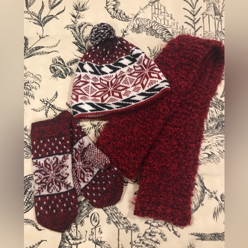 Wool Hat & Mittens with Hand Knit Infinity Scarf
